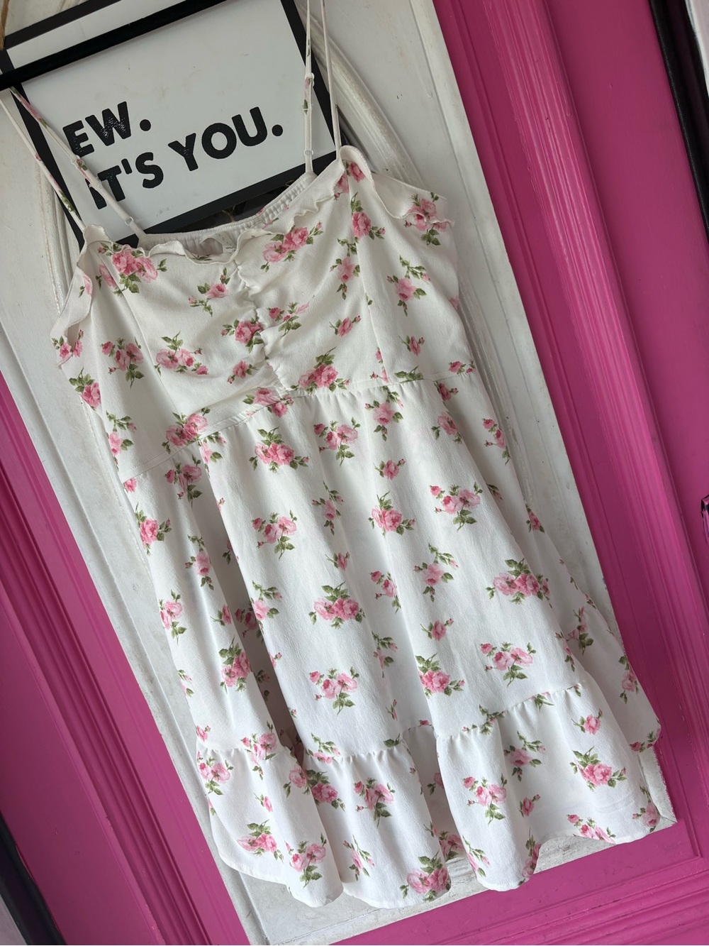 Altar'd State White Floral Tiered A-Line Dress romper with Pink Roses - Picture 2 of 7